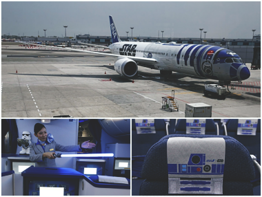 JAPAN’S ALL NIPPON PAINTED EPIC R2-D2 PAINTED PLANE FLEW THE CAST OF THE FORCE AWAKENS FOR THE MOVIE PREMIERE IN LONDON.