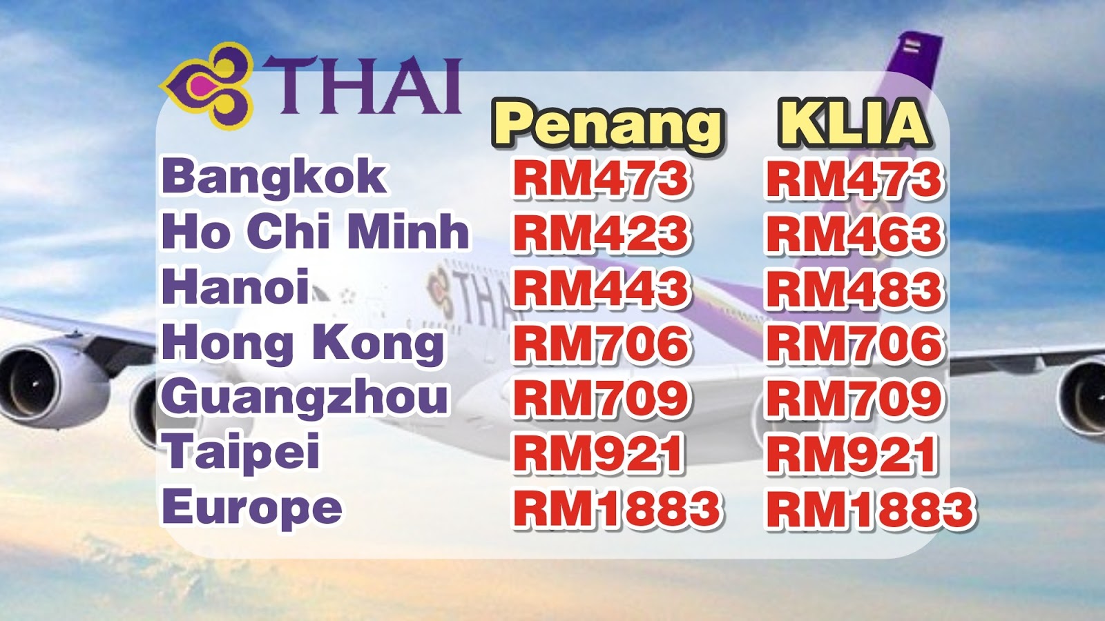 【旅游资讯】THAI AIRWAYS 槟城/KL直飞曼谷只需RM473!! | 越南+香港+台北+欧洲有促销!!